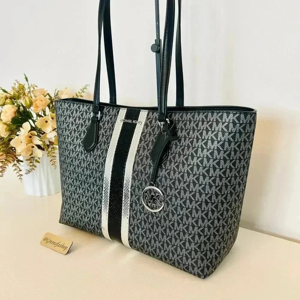 Michael Kors Sheila Large Signature Logo and Metallic Tote Bag Black - Picture 2 of 10